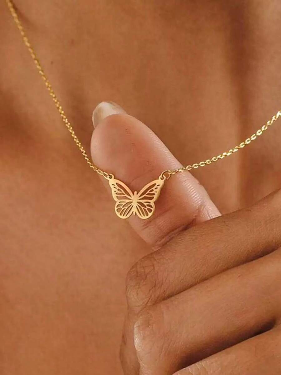 1 件 3D 蝴蝶骷髅吊坠项链简约时尚钢链项链不锈钢珠宝女士派对日常装饰女士礼物 - 金色 - 查看 1