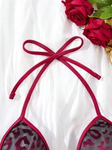 两件套女士性感圣诞红色豹纹内衣套装，红色豹纹系带露背文胸，心形金属拼接薄纱花卉面料浪漫内衣套装 - 紅色 - 查看 8