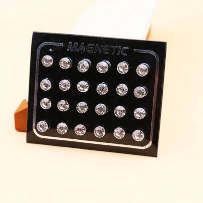 24pcs Simple Fashionable Magnetic White Crystal Stud Earrings 6mm, Everyday Wear For Men