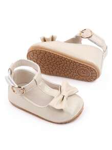 أحذية بنفلات لطفلة باللون المشمشي، أحذية أميرة للفتيات، جلدية مزينة بفيونكة ، قاعدة لينة مقاومة للانزلاق، أحذية مشي لحديثي الولادة