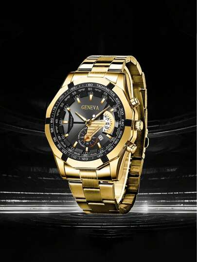 Large Dial Men's Quartz Watch With Steel Strap, Business & Casual