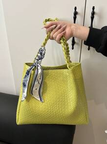 1 pièce Sac fourre-tout décontracté pour femmes, grande capacité, design minimaliste couleur unie 2025, sac à bandoulière polyvalent, motif gaufré unique, bandoulière confortable, convient pour l'université, les courses, les sorties, avec ruban - Vert - Voir 2