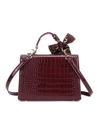 Ny glansig handväska med krokodiltryck, stor kapacitet, moderiktig elegant högkvalitativ halsduk med matchande axelremsväska, vinröd, bästa mors dag-presenter för kvinnor, djurtryckt väska för kvinnor, affärsmässig avslappnad väska för kvinnor perfekt för kontor, affärer och arbete