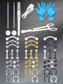 CIZME 11-50pcs Mixed Body Piercing Kit – Body Piercing Kit For 16G Stainless Steel Nose Septum Rings, Cartilage Tragus Earrings, Lip & Eyebrow Piercing Jewelry, 16G Piercing Kits,Stainless Steel Piercing Kit 15G Piecing Needles For Ear Nose Septum Eyebrow Lip Piercing, Body Piercing Kit Piercing Clamps Gloves Piercing Tools For New Piercing - Gold/Silver/Black - View 2