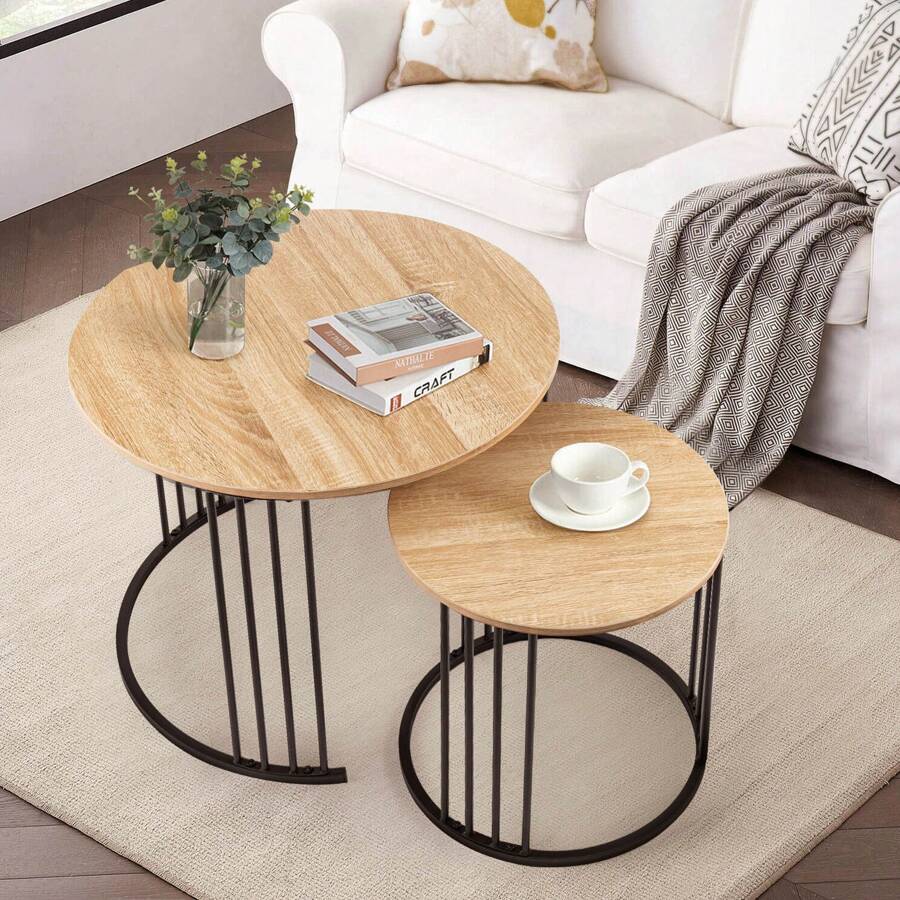 Nesting Coffee Table Set Of 2, Round Table, Morden End Side Table Night Stand For Bedroom Dining Room - Wood - View 1