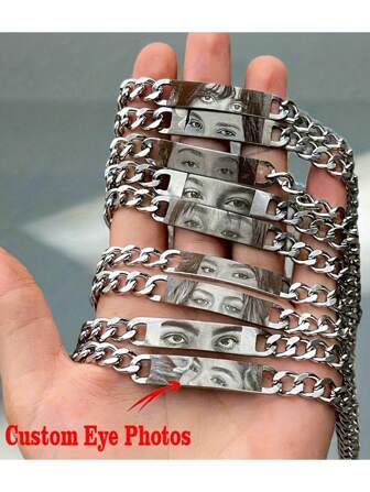 1 pezzo Braccialetto di coppia personalizzato in acciaio inox con incisione di foto - Design dell'occhio personalizzato, catena regolabile, ideale per compleanni, anniversari, San Valentino - Regali unici dal fascino classico, braccialetto adorabile