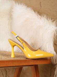 春夏女士尖头踝带高跟凉鞋，百搭高跟鞋，时尚优雅露趾高跟鞋，性感礼服凉鞋，闭趾系带高跟鞋 - 黃色 - 查看 7