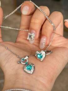 3pcs Set (Can Be Sold Separately) Luxury Vintage Elegant Paraiba Tourmaline Style Heart Shaped Ring, Necklace, Earrings With Zirconia Stone, Women Jewelry Suit, Suitable For Daily, Wedding, Party, Gift