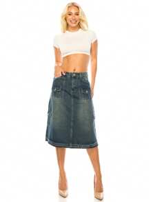 A-Line Denim SkirtPlainCasualDenimPocketButtonZipperCargo Pocket - Vintage - View 2