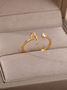 女士不锈钢小字母开口戒指时尚锆石 A-Z 字母可调节戒指女式婚礼美学珠宝 - 多色 - 查看 6