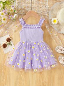 Cute Daisy Print Mesh Ruffle Edge Strap Patchwork Baby Girl Summer Dress - Purple - View 2