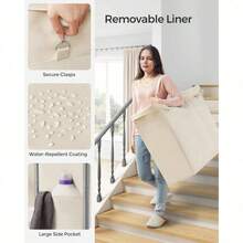 Laundry Basket With Wheels, 3-Section Rolling Laundry Hamper, 52.8 Gallons (200L), Removable Liner, Steel Frame With Handle, Blanket Storage, 35.8 X 15.4 X 31.9 Inches, Cream White URLS005W01