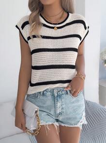 Casual Round Neck Color Contrast Striped Batwing Sleeve Women Knit Pullover Sweater Top, Spring/Summer - Apricot - View 1