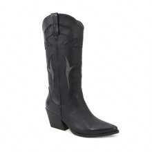 Women's Western High Boot With Side Panel And Pointed Toe Cowboy Boots Knee High Chunky Tall Boot Low Heel Pull Tabs