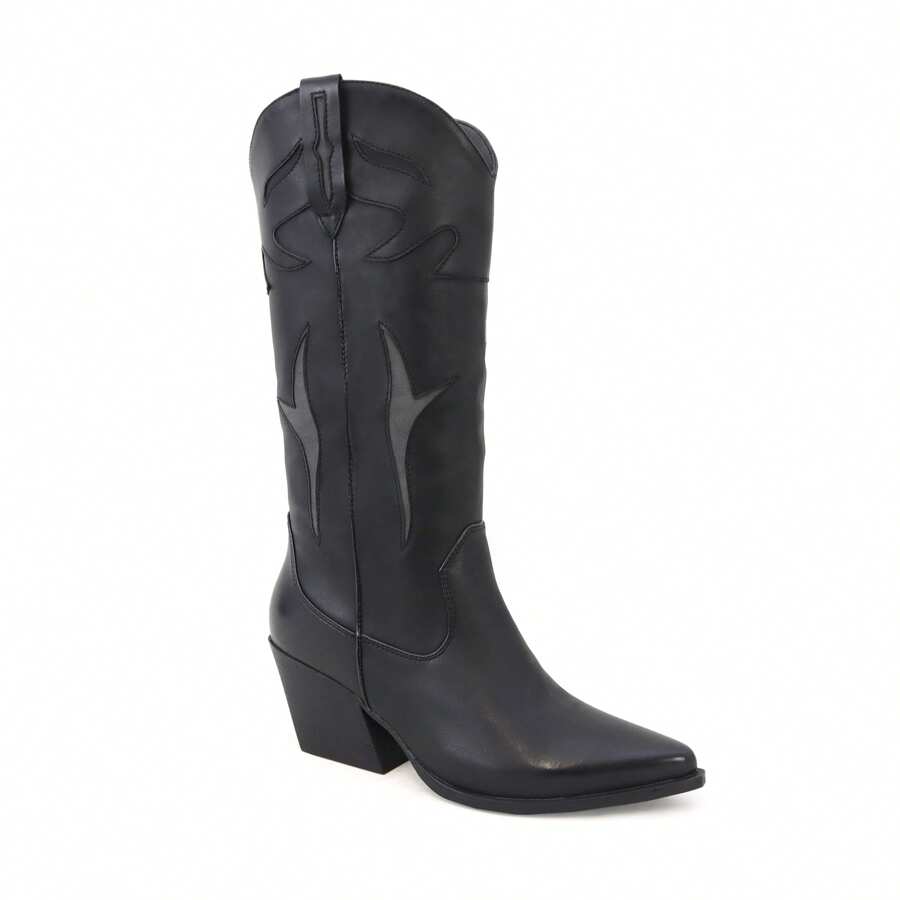 Women's Western High Boot With Side Panel And Pointed Toe Cowboy Boots Knee High Chunky Tall Boot Low Heel Pull Tabs