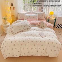 4pcs Floral Print Duvet Cover Set (1 Duvet Cover, 1 Flat Sheet, 2 Pillow Shams, No Filling), Bedding Set, Suitable For All Seasons, Machine Washable, Bedroom Decor, Halloween Gift - Multicolor - View 6