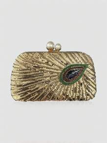 Pearl Peacock Feather, Crystal, Bead, Metal Sequin Satin, Silk Envelope Clutch Bag, Diamond Wedding Party Purse, Chain Crossbody Evening Bag, Mini Shiny Rhinestone Formal Clutch For Women