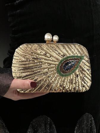 Pearl Peacock Feather, Crystal, Bead, Metal Sequin Satin, Silk Envelope Clutch Bag, Diamond Wedding Party Purse, Chain Crossbody Evening Bag, Mini Shiny Rhinestone Formal Clutch For Women