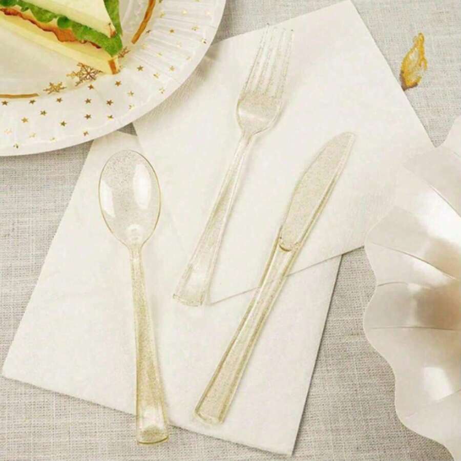 150pcs Transparent Shiny Disposable Cutlery Set, Including 50 Knives, 50 Forks, 50 Spoons, Reusable And Dishwasher Friendly, Ideal For Parties/Birthday/Weddings - Flash Gold - View 1