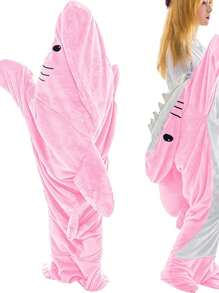 Cartoon Shark Slouchy Sleeping Bag Jumpsuit Pajamas Flannel Animal Home Blanket Jumpsuit Hooded Loose Fitting Nightgown