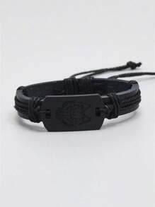 1pc Men's Punk Leather Bracelet, Black Wolf Head Handmade Braided Leather Cord Wristband