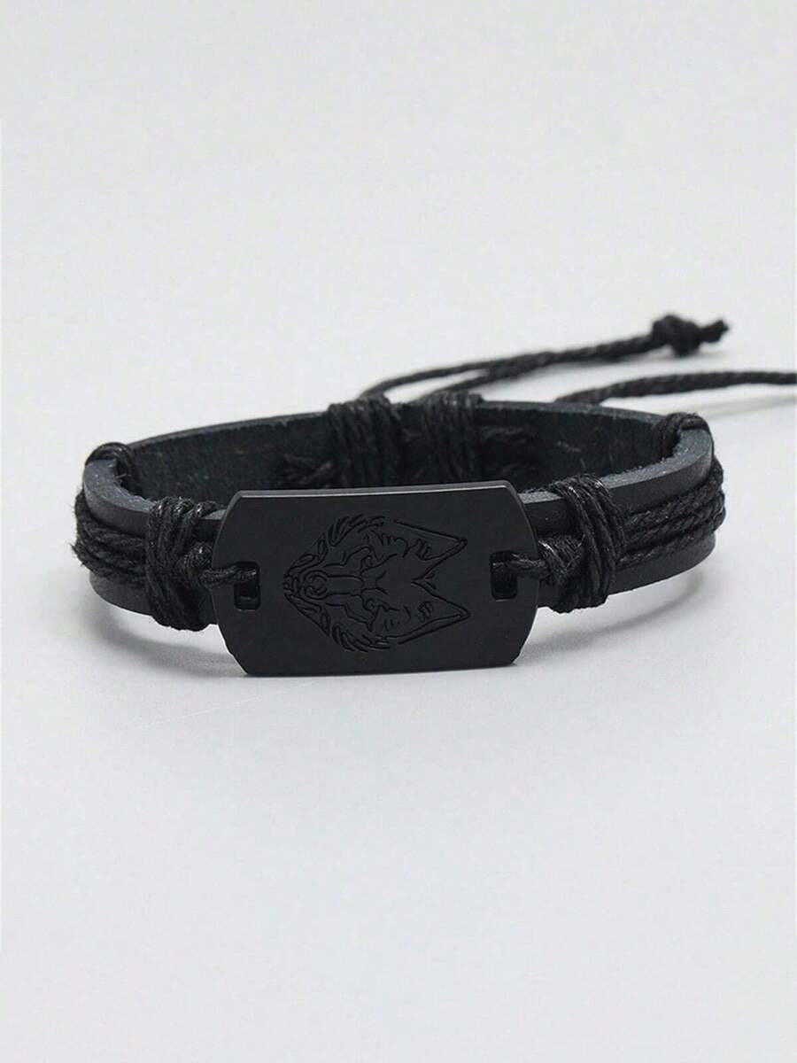 1pc Men's Punk Leather Bracelet, Black Wolf Head Handmade Braided Leather Cord Wristband