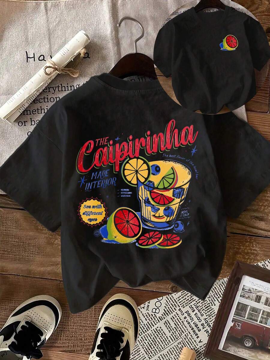 清爽柠檬汽水图案夏季女士休闲圆领短袖T恤