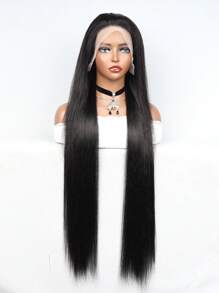 Parrucca frontale in pizzo naturale nero di 36 pollici (91 cm), 13x4, capelli umani con peluria infantile, densità 180, dritta, parrucca frontale in pizzo di capelli umani pre-spennati, linea di attaccatura dei capelli nera, parrucca senza colla di 8-36 pollici (20-91 cm) di capelli umani