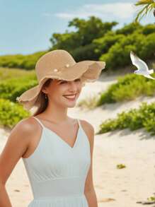 2025 Summer Women's Khaki/Beige Bohemian Beach Hat UPF 50+ Woven Straw Wide-Brimmed Sun Hat | Pearl Decor Women's Vintage Hats, Beach Accessories & Tropical Vacation (1 Hat)