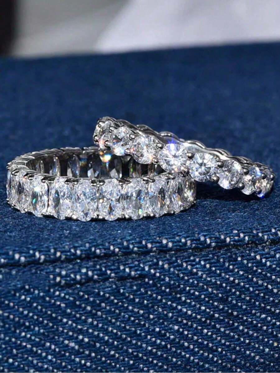 rundraw 2枚简约立方氧化锆装饰银色戒指，女士款