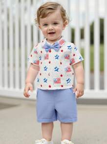Toddler Baby Boy 4th Of July Outfit American Flag Print Button Down Turn Down Collar Short Sleeve Shirt And Shorts 2 Pcs Set - White - View 2