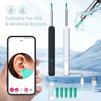 NATFIRE Ear Wax Removal Wireless WiFi Ear Pick Otoscope Camera Portable Soft Head Efficient Ear Cleaner Borescope Luminous Ear Wax Cleaning Smart Ear Cleaner With HD Camera And LED Lights Teeth Oral Inspection Ear Health Care Set Visual Earwax Removal Kit With 8 Ear Pick Ear Cleaner Clean Tools For Adults(White Black) Ear Scope For IOS & Android Phones