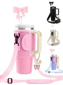 Water Bottle Carrier Bag With Handles Set,With 1 Bow Straw Hat And 1 Butterfly Bracelet, Bottle Bag With Adjustable Shoulder Strap,Compatible With Stanley 40oz 30oz Tumbler With Handle, Cup Accessories , Valentine's Day, Mother's Day, Birthday Gift, Back To School Supplies - Multicolor - View 6