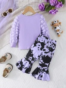 2pcs/Set Baby Girls Bubble Long Sleeve Letter Print Black Top T-Shirt And Black&White Cow Print Bell-Bottom Pants Set, Casual Outdoor - Purple - View 8