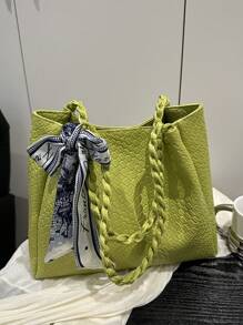 1 pièce Sac fourre-tout décontracté pour femmes, grande capacité, design minimaliste couleur unie 2025, sac à bandoulière polyvalent, motif gaufré unique, bandoulière confortable, convient pour l'université, les courses, les sorties, avec ruban - Vert - Voir 9