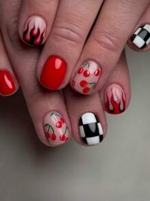 Bộ 24 miếng dán móng tay hình vuông ngắn, họa tiết ngọn lửa, quả anh đào, bàn cờ, kèm gel dán và dũa móng, phù hợp cho nữ sử dụng hàng ngày, dự tiệc, ngày lễ, dụng cụ làm móng nghệ thuật. - Nhiều màu - Xem 2