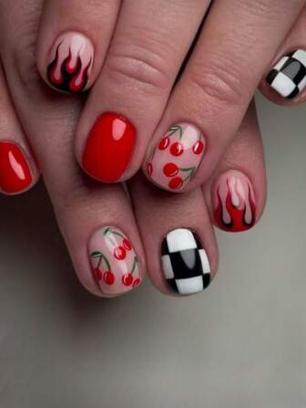 24Pcs Short Square Wearing Nail, Flame, Cherry, Black And White Checkerboard Pattern Fake Nails, With Jelly Glue And Nail File, Suitable For Women'S Daily Party Festival Use Press On Nails Nail Supplies Nails