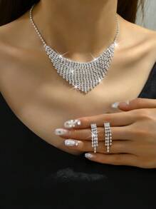 1 Set Fashion Retro Full Rhinestone Bridal Jewelry Set, Necklace And Earrings