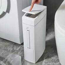 Slim Trash Can With Brush, Large Capacity Narrow Space Garbage Can, Lid Bathroom Waste Basket, Creative Home Cleaning Supplies, Plastic, Sealed Odor-Proof, No Electricity Required Bathroom Organizer Bathroom Decor Fall Decor Back To School