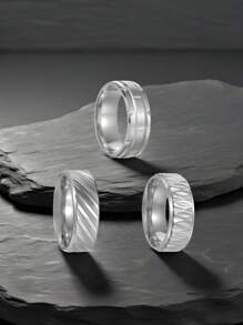 3pcs Men's Casual Simple Stainless Steel Geometric Engraved Finger Rings, Accessories - 901 Black - View 2