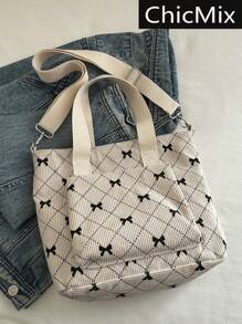 Fashionable Contrasting Color Full Body Bow Print Women's Crossbody Bag With Diamond Grid Side Pocket Shoulder Bag, Suitable For Shopping, Wallets, Shopping, Young Women, College Students, Newcomers, White-Collar Workers. They Are Very Suitable For Offices, Universities, Work, Business, Commuting, Outdoor Activities, Travel, And Outings