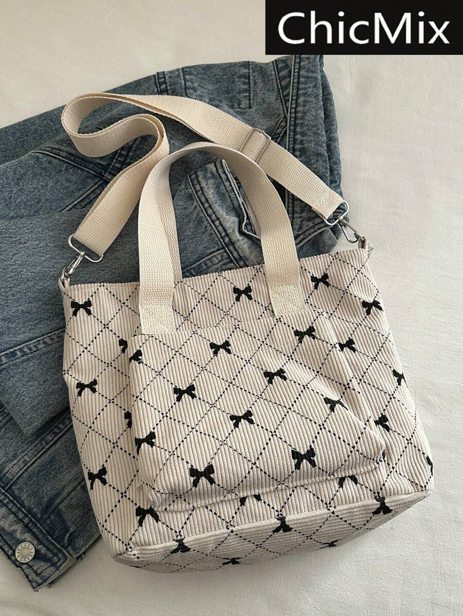 Fashionable Contrasting Color Full Body Bow Print Women's Crossbody Bag With Diamond Grid Side Pocket Shoulder Bag, Suitable For Shopping, Wallets, Shopping, Young Women, College Students, Newcomers, White-Collar Workers. They Are Very Suitable For Offices, Universities, Work, Business, Commuting, Outdoor Activities, Travel, And Outings