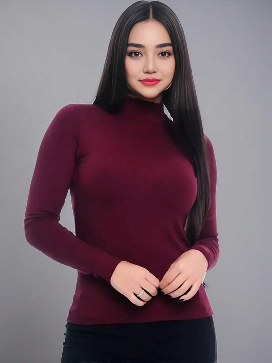 Cacharrel Women's Blouse Sweater Blouse Long Sleeve And High Neck Fashion Elegance Feminine Social Look - 紅木色 - 查看 1