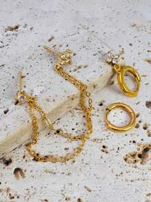3 pièces Ensembles de boucles d'oreilles à tige en acier inoxydable exquises pour femmes, boucles d'oreilles à fleurs pour piercing du cartilage. Bijoux de mode, hypoallergéniques, boucles d'oreilles pendantes plaquées or 14 carats délicates et à longue chaîne
