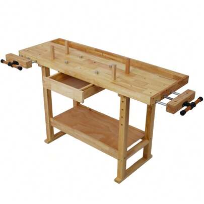 55-Inch Wooden Workbench,Rubberwood Workbench With Drawer, 330lbs Weight Capacity,Perfect Workbench For Garage, Workshop And Home