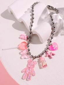 1 全新银色不锈钢珠链，粉色系列闪亮熊多吊坠项链，棒棒糖蝴蝶漂流瓶气球小狗爱情元素，适合女性夏季节日生日礼物，Y2K 可爱派对 DIY 创意时尚首饰 - 彩色 - 查看 2