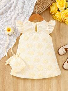 Baby Girl Bow Accent Cap Sleeve Jacquard Pattern A-Line Dress - Yellow - View 2