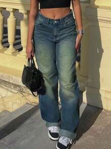 Pantaloni casual a vita alta, efetto vissuto, stile Y2K, ampi e comodi, cargo