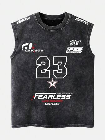 Shwiy 男士水洗复古效果休闲简约黑色无袖背心，带有赛车元素印花、芝加哥数字 23 和星星图案，适合日常穿着和街头时尚，春夏