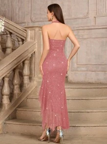 MIUSOL Sequin Floral Lace Halter Neck Backless Asymmetrical Ruffle Hem Evening Party Long Dress - Dusty Pink - View 3